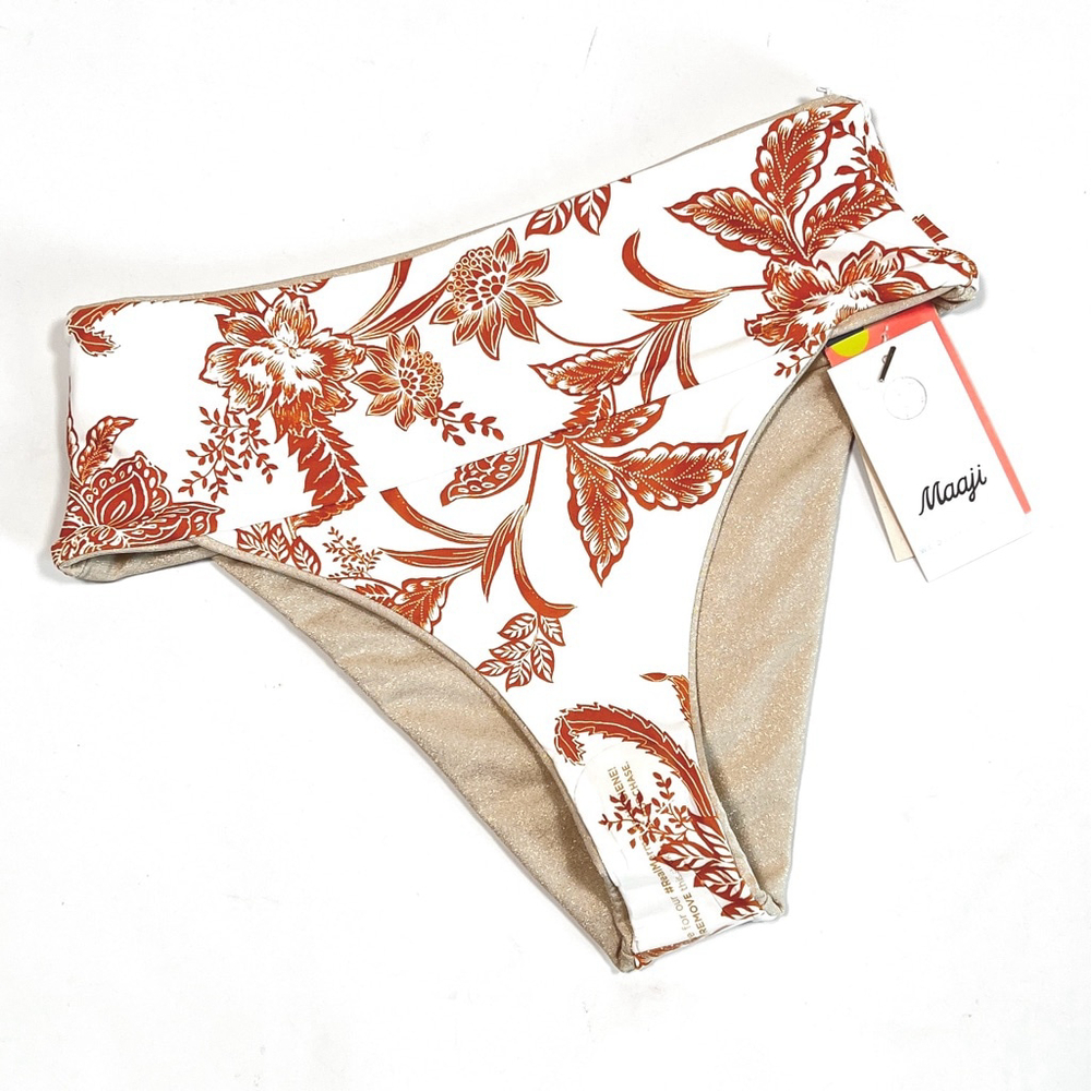 NWT Maaji Swimsuit Bottom L White Floral Lurex Nude Reservable